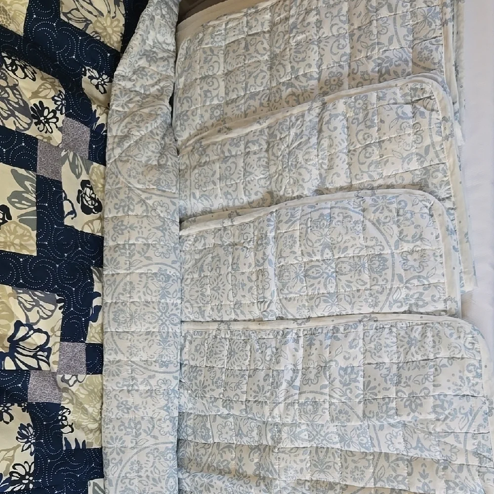 Cream and Blue Patchwork Quilt with Geometric Design